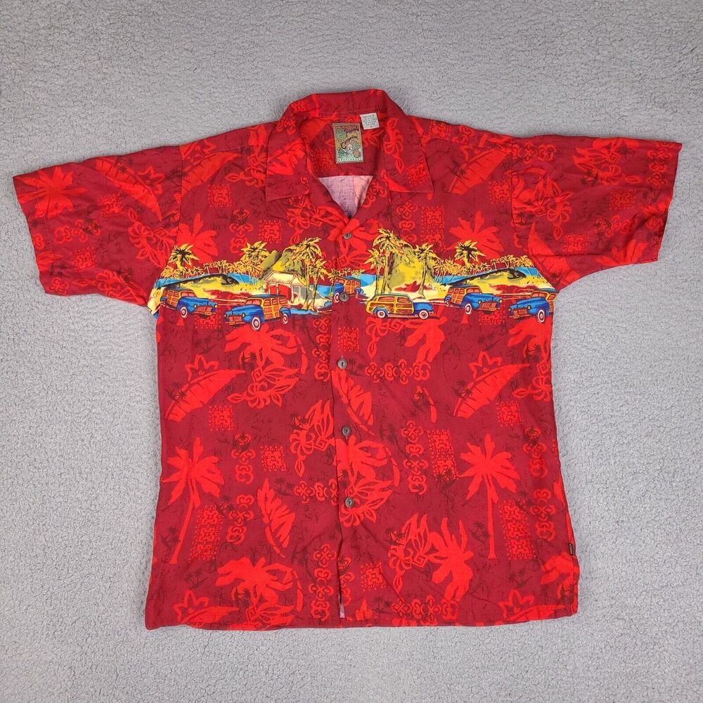 Vintage Pineapple Connection Hawaiian Shirt Mens Small‎ Red Button Down Rayon